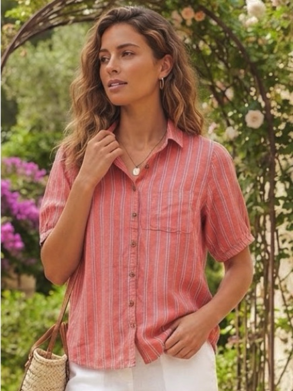 beachlunchlounge Coral-Striped Short-Sleeve Button Down Shirt